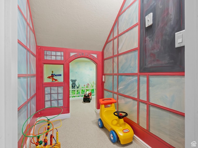 rec room with vaulted ceiling, a textured ceiling, and carpet
