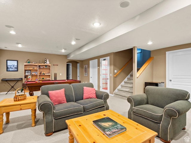 carpeted living room featuring pool table, baseboards, recessed lighting, and stairs