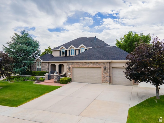 2933 W 12875 S, Riverton, UT 84065 - traditional home featuring a garage, a front yard, stone siding, and concrete driveway