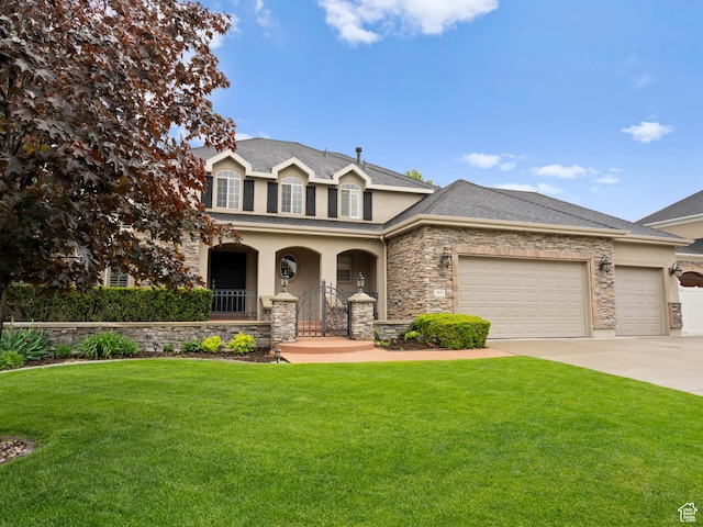 traditional home with stucco siding, a front yard, an attached garage, stone siding, and driveway