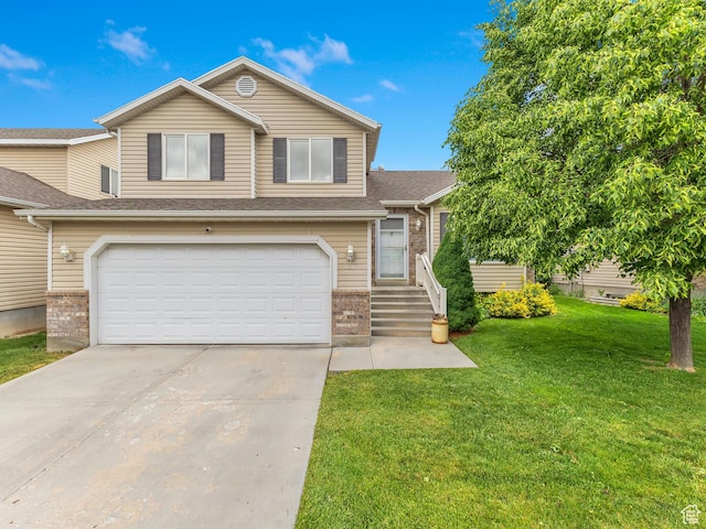 156 Crystal Bay Dr, Stansbury Park, UT 84074 - view of front of property featuring brick siding, an attached garage, a front lawn, concrete driveway, and a shingled roof
