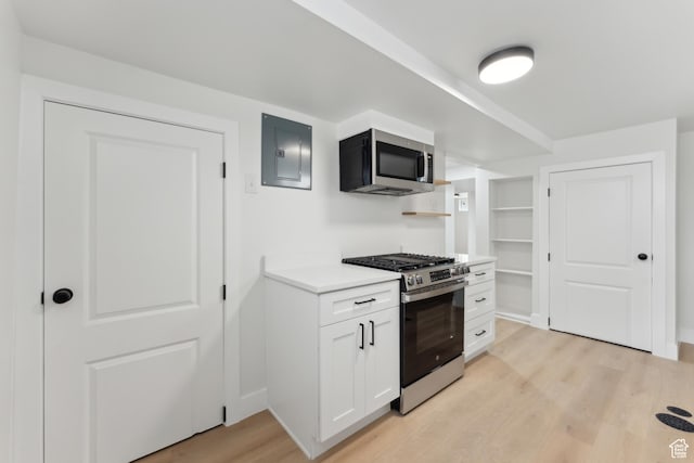 kitchen with stainless steel appliances, electric panel, light wood-type flooring, light countertops, and white cabinetry
