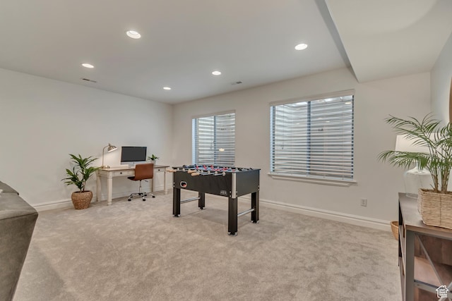 recreation room featuring carpet flooring, a desk, baseboards, and recessed lighting