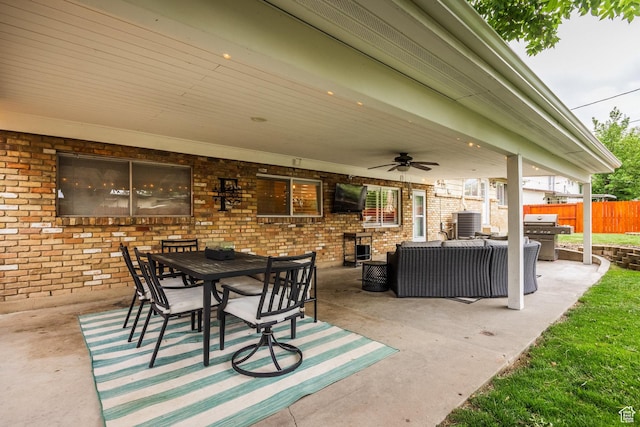 1256 E Darby Cir S, Murray, UT 84117 - view of patio featuring ceiling fan, a grill, fence, outdoor dining space, and an outdoor hangout area