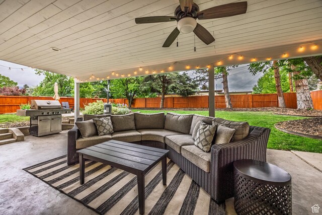 1256 E Darby Cir S, Murray, UT 84117 - view of patio with area for grilling, an outdoor living space, and ceiling fan