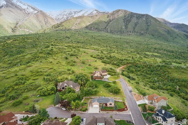 aerial view of property and surrounding area with a mountain backdrop