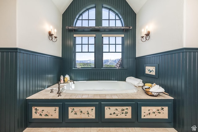 2000 W Red Hawk Trl, Park City, UT 84098 - full bath with vaulted ceiling, a wainscoted wall, and a tub with jets