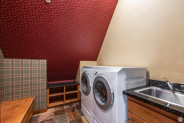 2000 W Red Hawk Trl, Park City, UT 84098 - laundry room with washer and dryer, cabinet space, and stone finish flooring