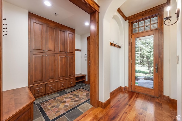 2000 W Red Hawk Trl, Park City, UT 84098 - foyer entrance with baseboards, recessed lighting, arched walkways, wood finished floors, and crown molding