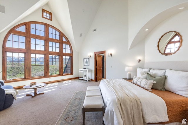 2000 W Red Hawk Trl, Park City, UT 84098 - carpeted bedroom with high vaulted ceiling, baseboards, and recessed lighting