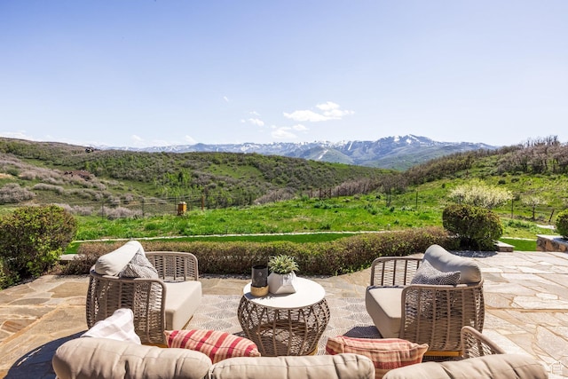 2000 W Red Hawk Trl, Park City, UT 84098 - view of patio / terrace featuring a mountain view and an outdoor hangout area