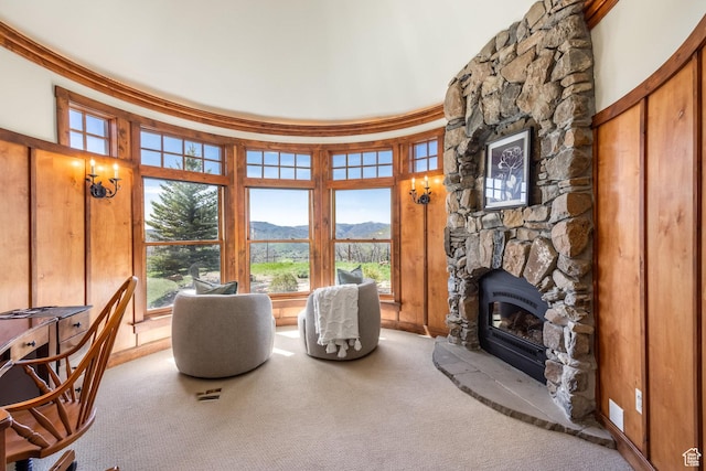 2000 W Red Hawk Trl, Park City, UT 84098 - sitting room featuring a mountain view, carpet flooring, and a fireplace