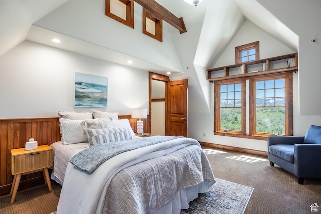 2000 W Red Hawk Trl, Park City, UT 84098 - bedroom featuring carpet, vaulted ceiling, recessed lighting, and wainscoting