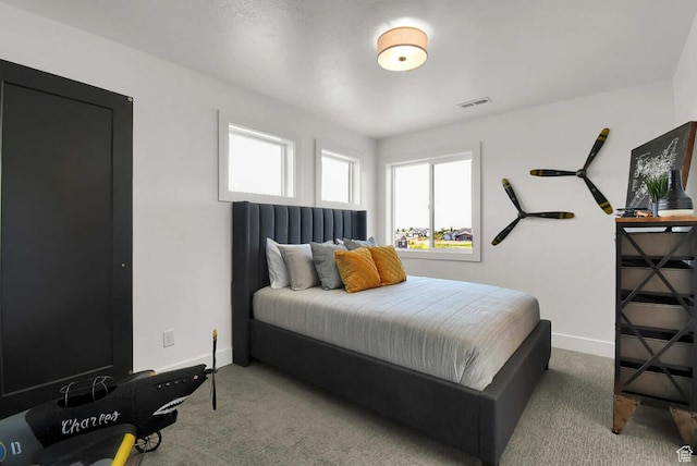 carpeted bedroom with multiple windows and baseboards