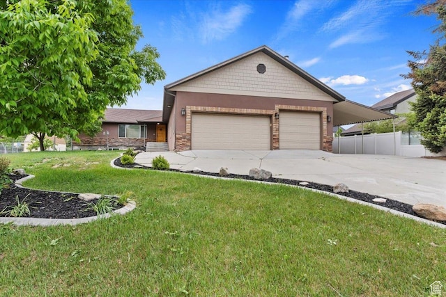 single story home featuring concrete driveway, stone siding, an attached garage, and stucco siding
