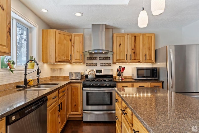 384 W 4200 N, Pleasant View, UT 84414 - kitchen with wall chimney range hood, appliances with stainless steel finishes, a sink, dark stone countertops, and tasteful backsplash