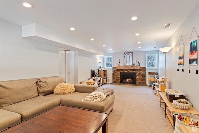 384 W 4200 N, Pleasant View, UT 84414 - living area with recessed lighting, light colored carpet, and a fireplace
