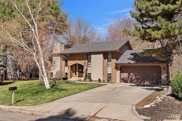 384 W 4200 N, Pleasant View, UT 84414 - view of front of home with concrete driveway, an attached garage, a front yard, a chimney, and a shingled roof