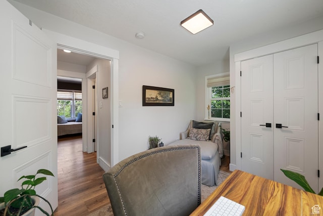 sitting room featuring wood finished floors, healthy amount of natural light, and baseboards