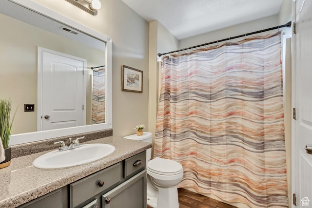 bathroom featuring toilet, vanity, and wood finished floors