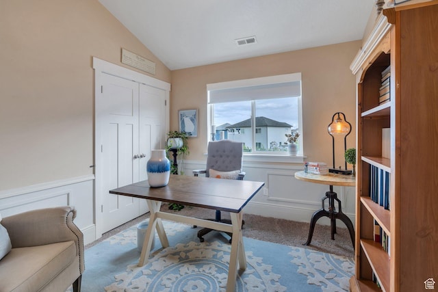 305 E 330 N, Vineyard, UT 84059 - home office featuring carpet, wainscoting, lofted ceiling, and a decorative wall