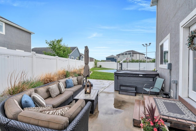 305 E 330 N, Vineyard, UT 84059 - view of patio / terrace with a hot tub, a fenced backyard, outdoor lounge area, and a residential view