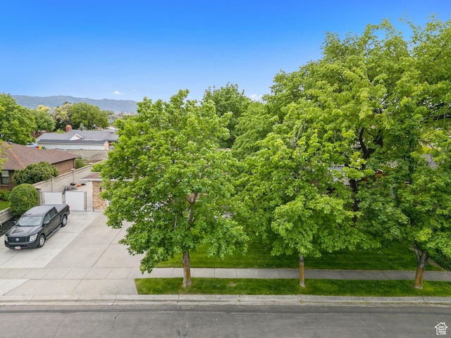 view of property hidden behind natural elements with driveway, an attached garage, and a mountain view