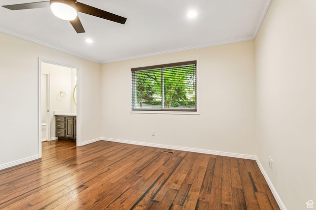 empty room featuring crown molding, ceiling fan, dark wood finished floors, baseboards, and recessed lighting