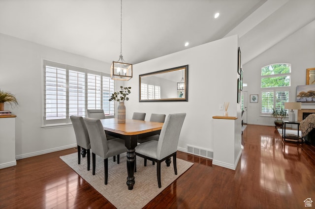 3678 S Vineyard Ct, Millcreek, UT 84106 - dining room featuring a chandelier, vaulted ceiling, wood finished floors, baseboards, and recessed lighting