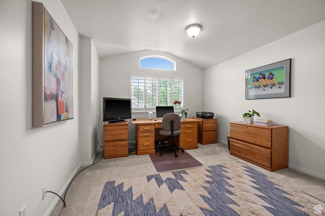 3678 S Vineyard Ct, Millcreek, UT 84106 - home office with light colored carpet, vaulted ceiling, and baseboards