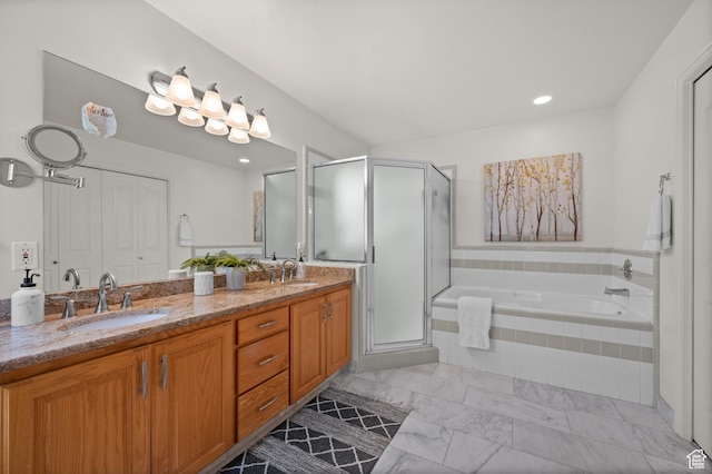 3678 S Vineyard Ct, Millcreek, UT 84106 - bathroom featuring double vanity, a stall shower, a garden tub, and recessed lighting