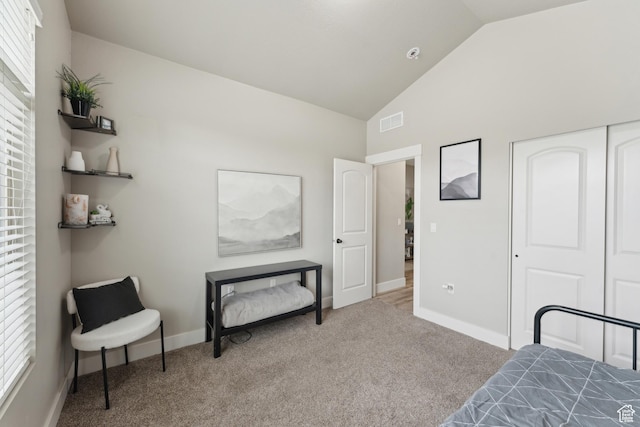 bedroom featuring carpet floors, baseboards, multiple windows, and high vaulted ceiling
