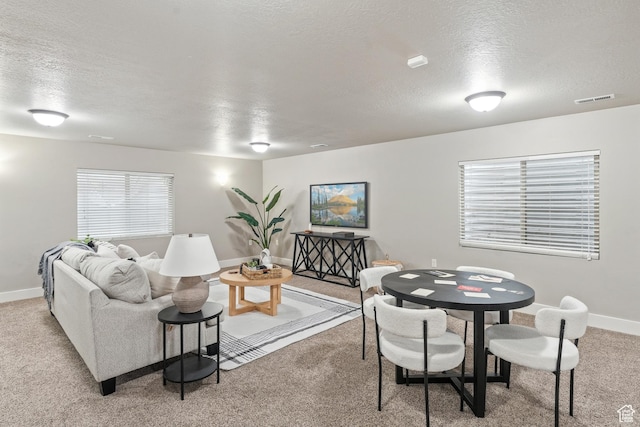 living room featuring a textured ceiling, light colored carpet, and baseboards