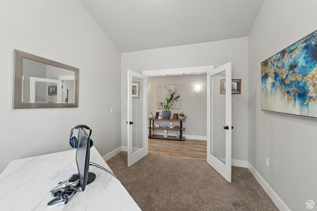 office featuring french doors, carpet, and baseboards