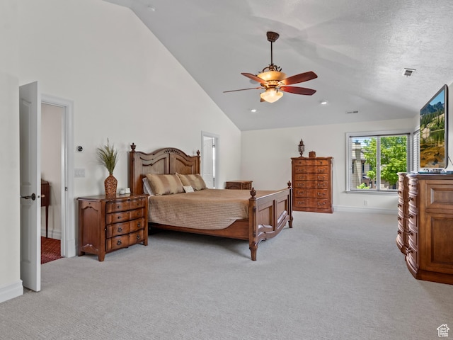 bedroom featuring light colored carpet, a ceiling fan, baseboards, and high vaulted ceiling