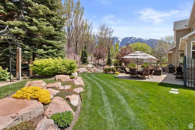 view of yard featuring a patio area and a mountain view