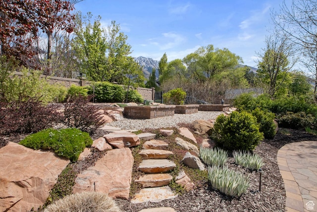 view of yard with fence and a mountain view