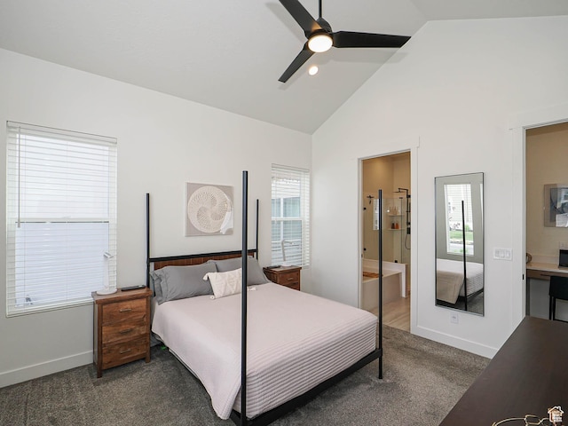 carpeted bedroom featuring baseboards, high vaulted ceiling, connected bathroom, and a ceiling fan