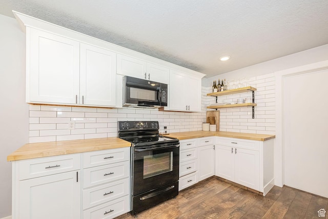 4302 W 2350 N, Plain City, UT 84404 - kitchen featuring butcher block counters, black appliances, dark wood finished floors, open shelves, and tasteful backsplash