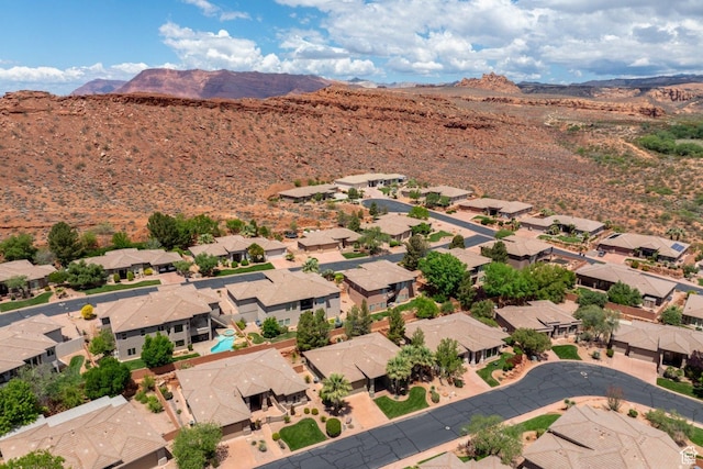 aerial view of residential area with a mountain backdrop