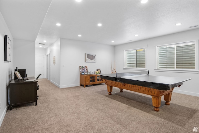 recreation room with light colored carpet, recessed lighting, baseboards, and a desk