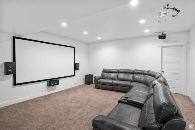 cinema room featuring recessed lighting, carpet, and baseboards
