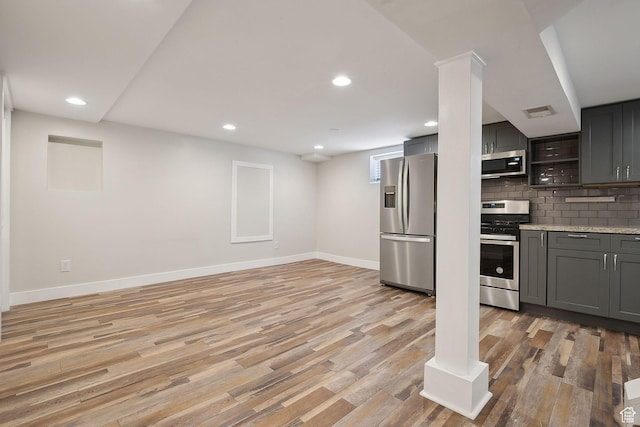 2484 S 800 E, Salt Lake City, UT 84106 - kitchen featuring stainless steel appliances, gray cabinetry, baseboards, light wood-style flooring, and tasteful backsplash