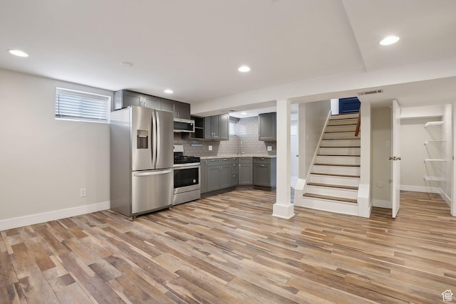 2484 S 800 E, Salt Lake City, UT 84106 - kitchen with stainless steel appliances, gray cabinetry, range hood, baseboards, and open shelves