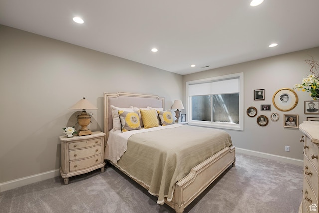bedroom with carpet flooring, recessed lighting, and baseboards