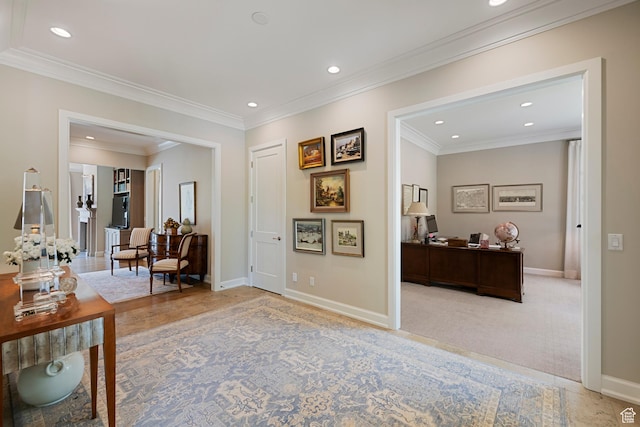 corridor with baseboards, recessed lighting, ornamental molding, and carpet floors