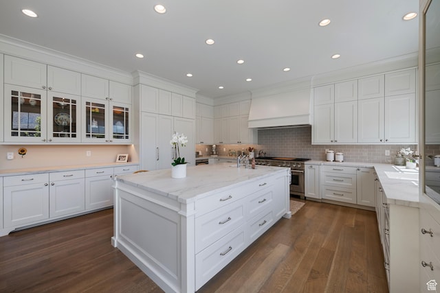 kitchen featuring high end stainless steel range oven, premium range hood, white cabinets, ornamental molding, and recessed lighting