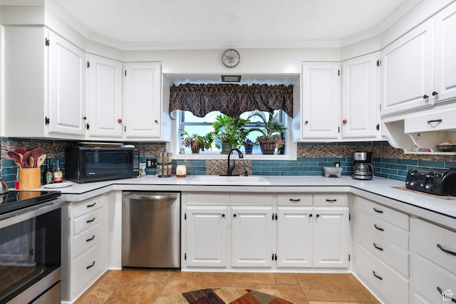 821 E 100 S, Salt Lake City, UT 84102 - kitchen featuring stainless steel appliances, a sink, light countertops, tasteful backsplash, and ornamental molding