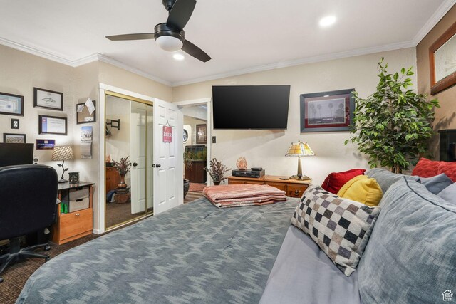 821 E 100 S, Salt Lake City, UT 84102 - carpeted office featuring a ceiling fan, crown molding, and recessed lighting