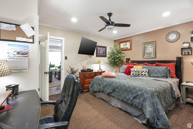 821 E 100 S, Salt Lake City, UT 84102 - bedroom featuring carpet, ornamental molding, a desk, recessed lighting, and ceiling fan